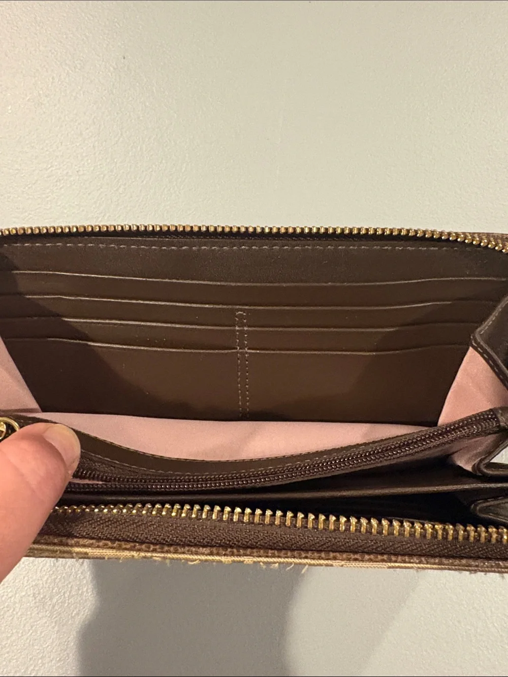Coach Beige Signature Canvas Zip Wallet with Brown Center Stripe